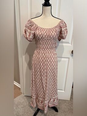 Smocked Waist Off-Shoulder Midi Dress in Dusty Rose Print